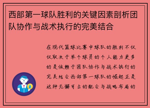 西部第一球队胜利的关键因素剖析团队协作与战术执行的完美结合